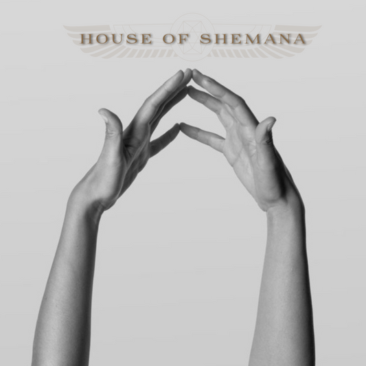 text reads House of Shemana. Two hands with white wall
